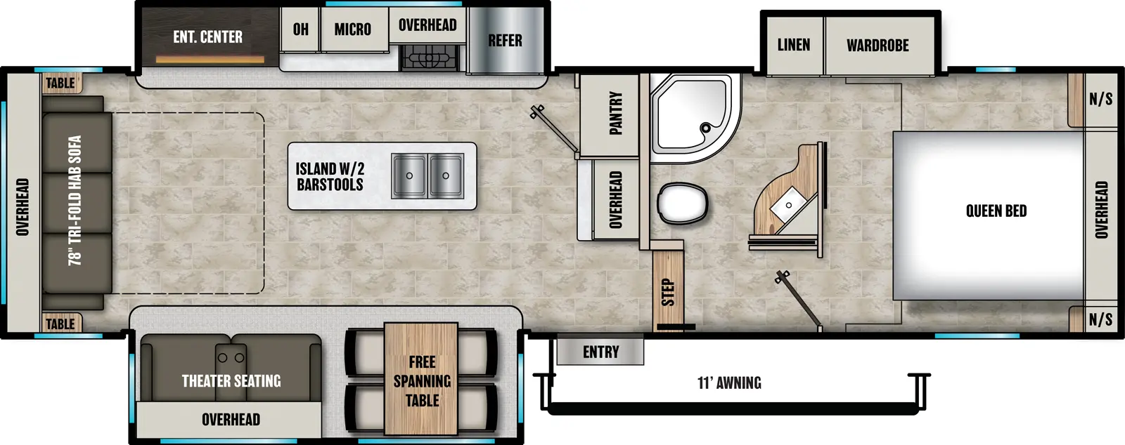 The Chaparral Lite 30RLS floorplan has one entry and three slide outs. Exterior features include: fiberglass exterior and 11' awning. Interiors features include: kitchen island, free-standing dinette option, front bedroom and rear living.